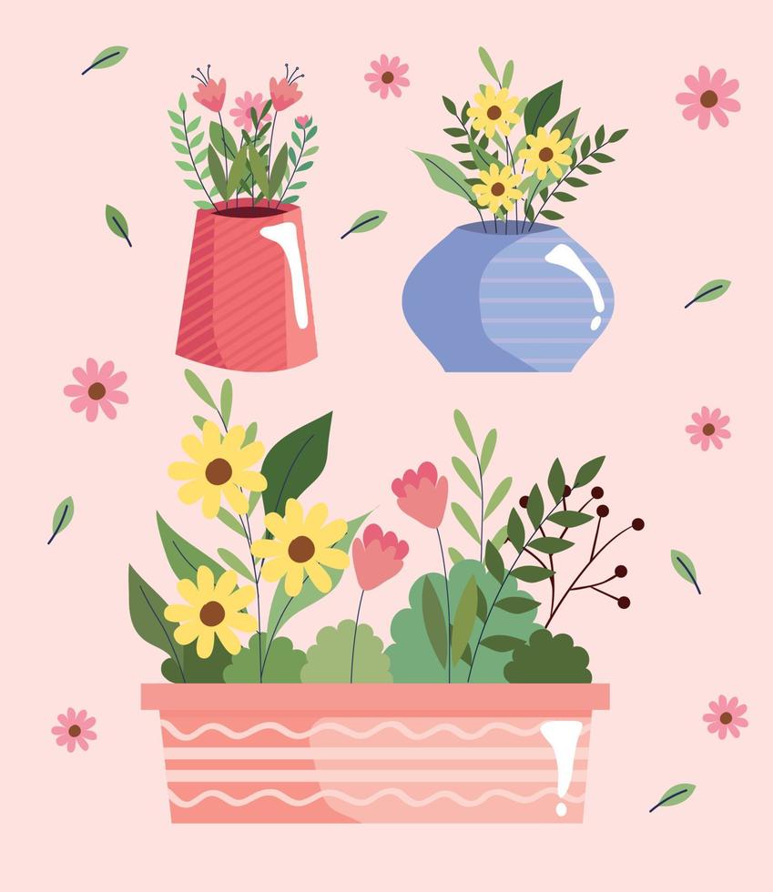 lindo jardim de flores em vasos e pote vetor