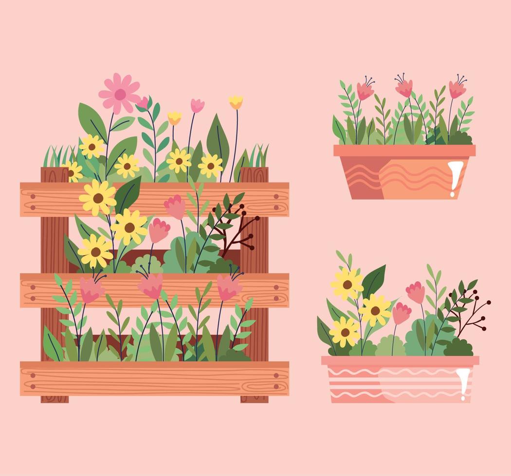 lindo jardim de flores em vasos e cesta de madeira vetor