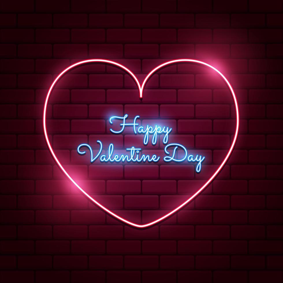 feliz dia dos namorados fundo com coração de néon de vetor rosa brilhante em paredes de tijolo vermelho