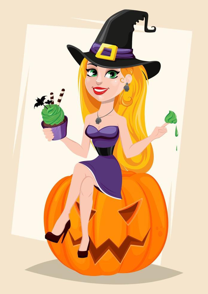 cartão de dia das bruxas. linda senhora bruxa com chapéu de peregrino sentado na abóbora e comendo bolo vetor