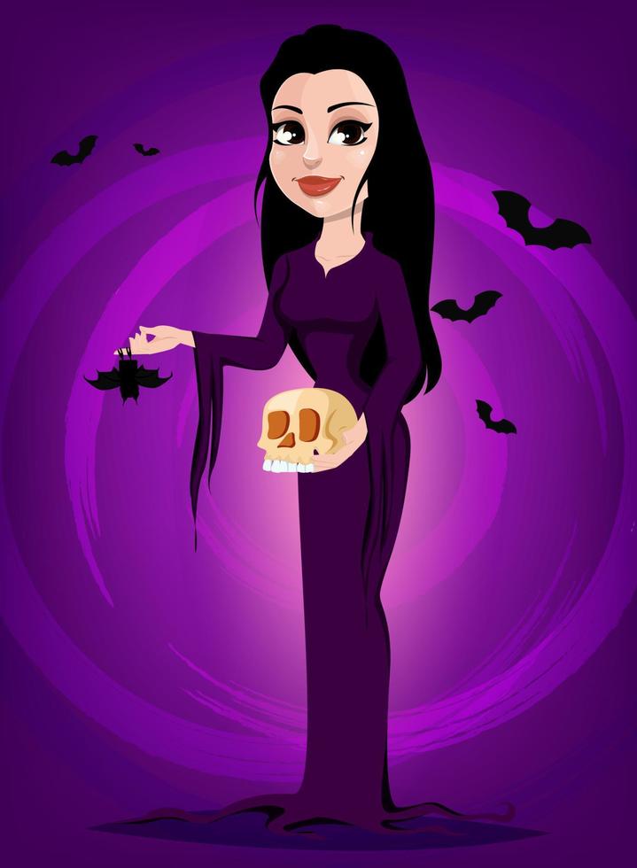 dia das Bruxas. linda senhora bruxa em estilo gótico, usando vestido longo preto. vetor