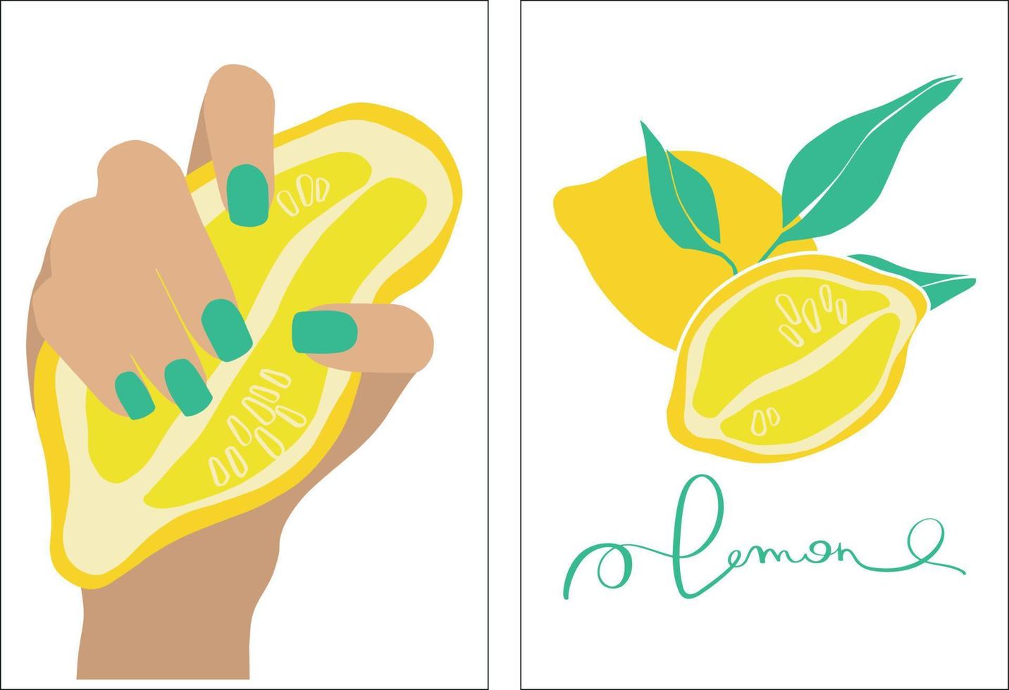 limão em estilo moderno. a mão de uma mulher com manicure segura um limão. conjunto de cartaz de ilustração vetorial. ilustração em vetor moda contemporânea moderna. fundo abstrato mínimo. design de impressão.