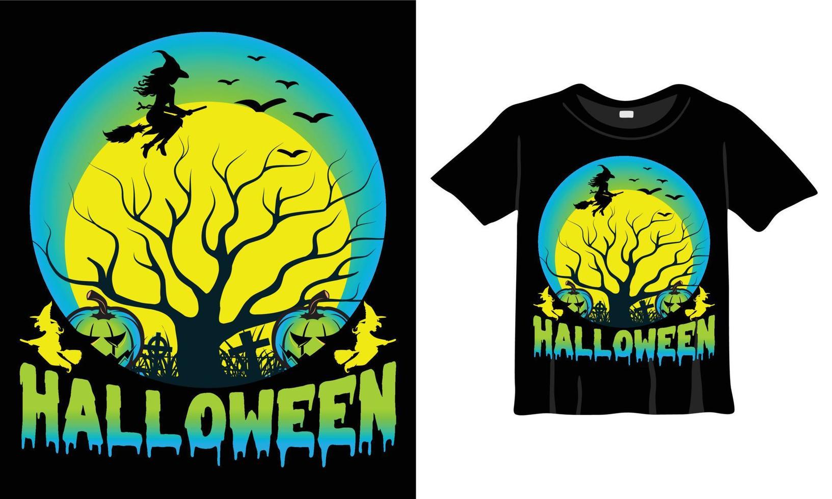 modelo de design de t-shirt de halloween. camiseta de halloween com noite, lua, bruxa. camiseta de fundo noturno para impressão. vetor