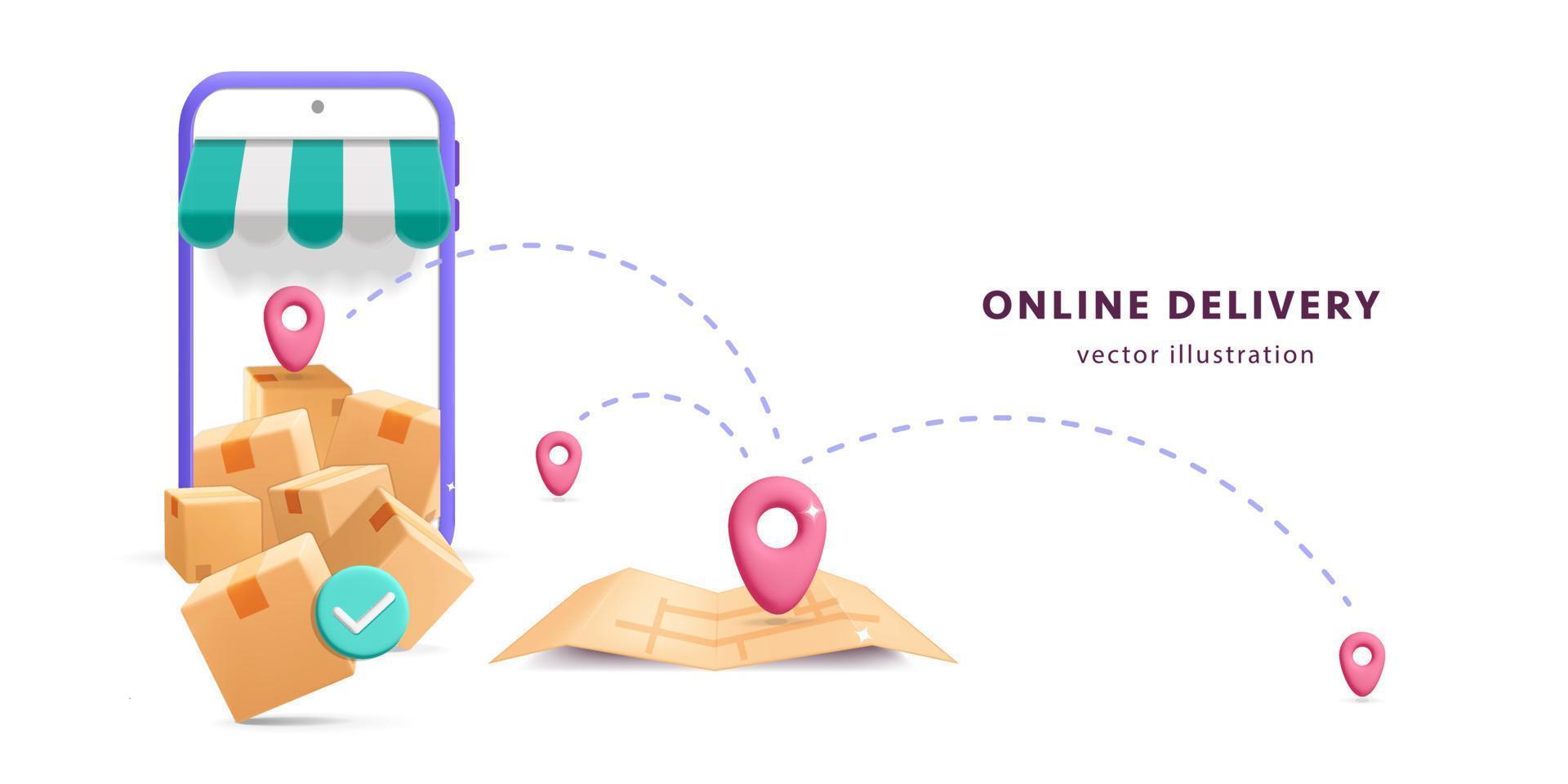 serviço de entrega de vetor 3d com localização de pinos e mapa no design de pôster de telefone