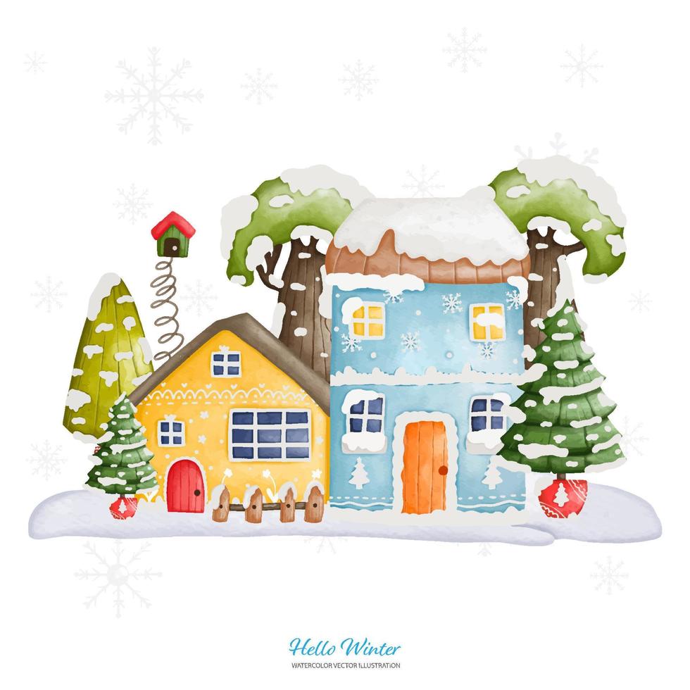 duas casas de inverno com tampa de neve e árvore de natal, ilustração vetorial aquarela vetor