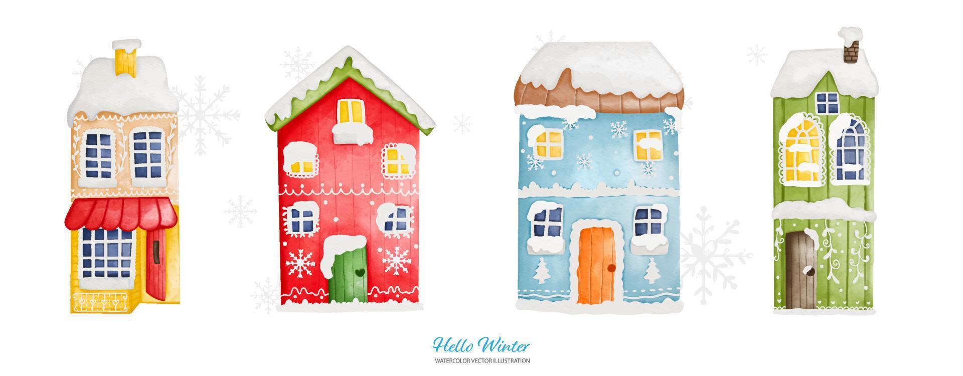 casa de inverno em aquarela com uma touca de neve, ilustração em aquarela de tinta digital vetor