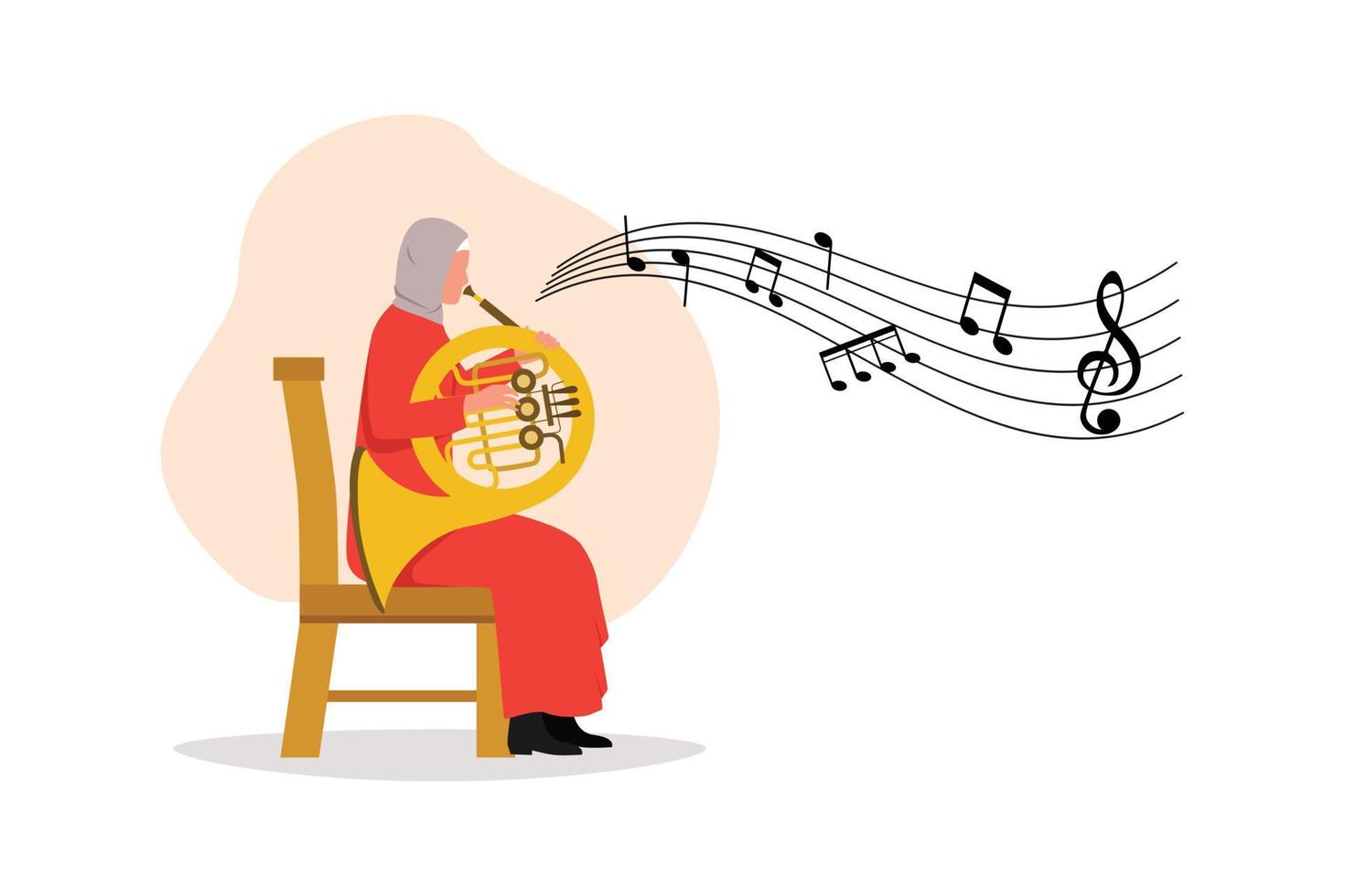 negócio plano desenho músico feminino árabe tocando melodia clássica na trompa. instrumentista tocando música em instrumento de sopro. mulher com trompete. ilustração vetorial de design de personagem de desenho animado vetor