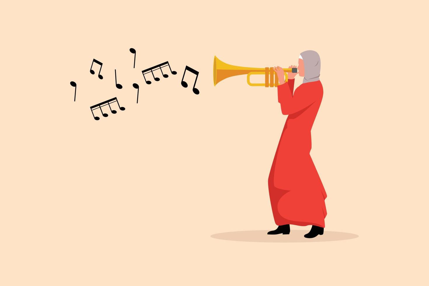 estilo de desenho animado plano de negócios desenho mulher árabe tocando trompete. instrumentos musicais. músico de jazz tocando instrumento de trompete. trompetista. intérprete de orquestra. ilustração em vetor design gráfico