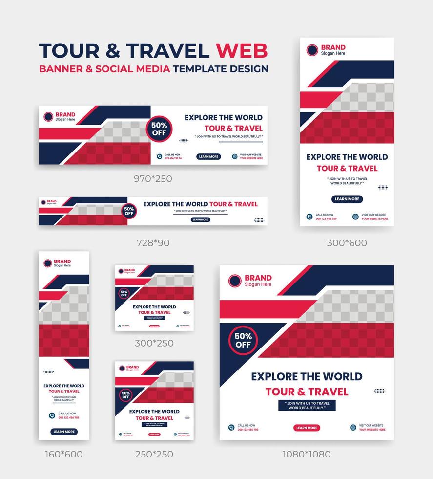 tour ands travel web banner social media post design template set banners verticais, horizontais e quadrados com tamanho padrão. vetor