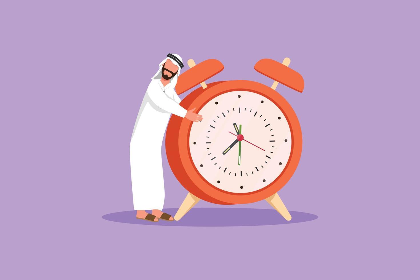 design plano gráfico desenho empresário árabe, gerente ou funcionário e abraçando o grande relógio. gerenciamento de tempo, relógio, tempo para trabalhar. prazo e projeto concluído. ilustração vetorial de estilo cartoon vetor