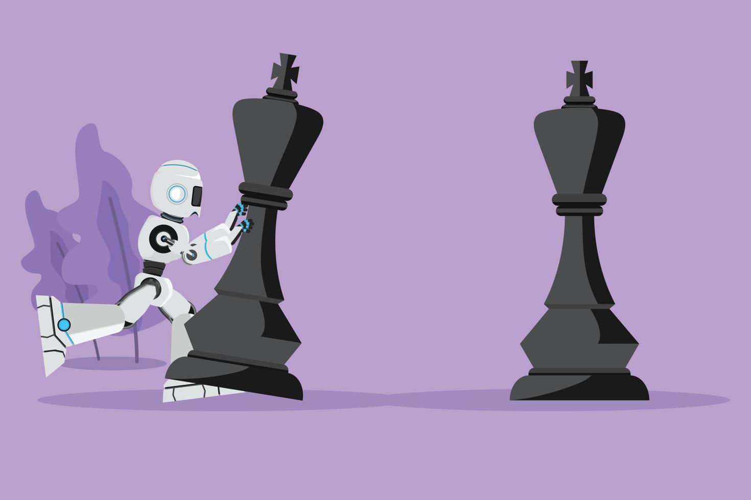 O robô de desenho de estilo plano dos desenhos animados empurra grandes peças de xadrez do rei para derrotar o rei oponente. movimento estratégico. inteligência artificial robótica. indústria de tecnologia. ilustração em vetor design gráfico desenhar