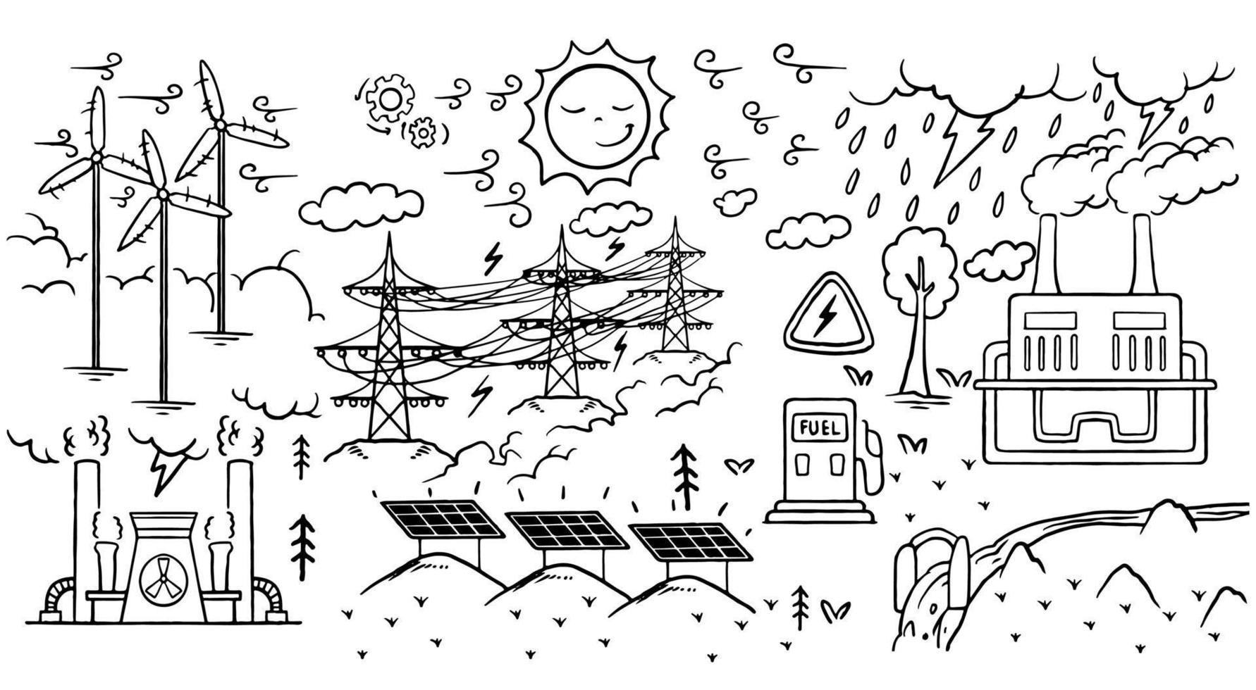 conjunto de ícones de doodle de ecologia desenhado à mão de energia renovável vetor