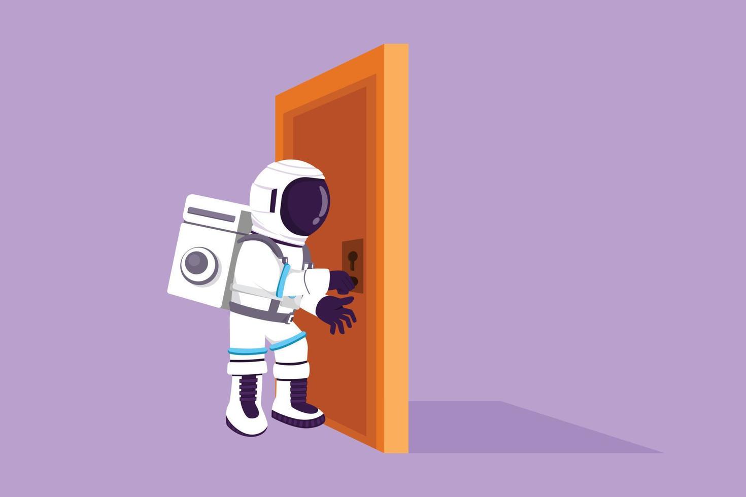 design plano gráfico desenho jovem astronauta segurando uma maçaneta de porta. entrando no quarto na superfície da lua. astronauta segurando a maçaneta da porta para abrir a porta. conceito de espaço profundo de cosmonauta. ilustração vetorial de estilo cartoon vetor