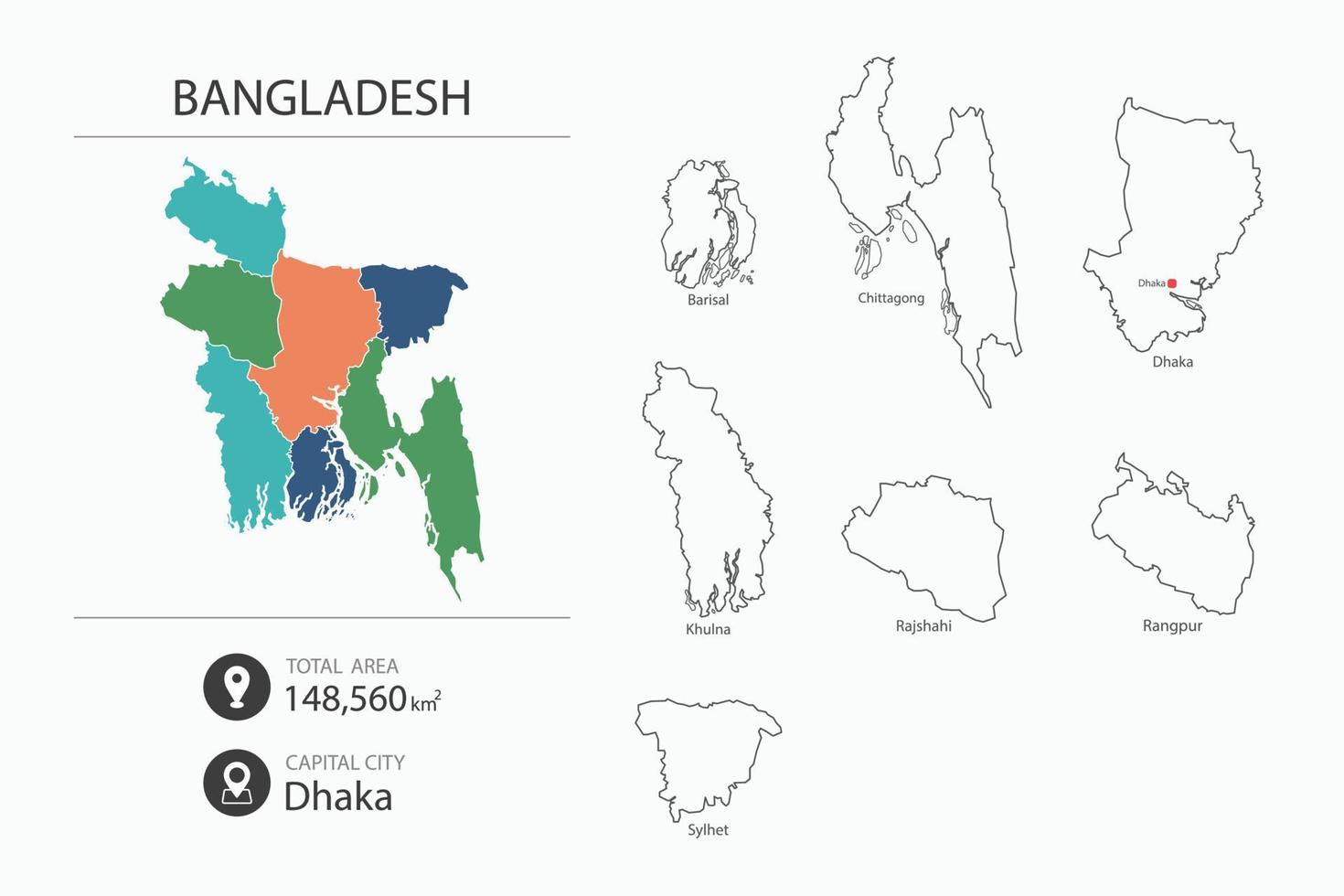 mapa de bangladesh com mapa detalhado do país. elementos do mapa de cidades, áreas totais e capitais. vetor