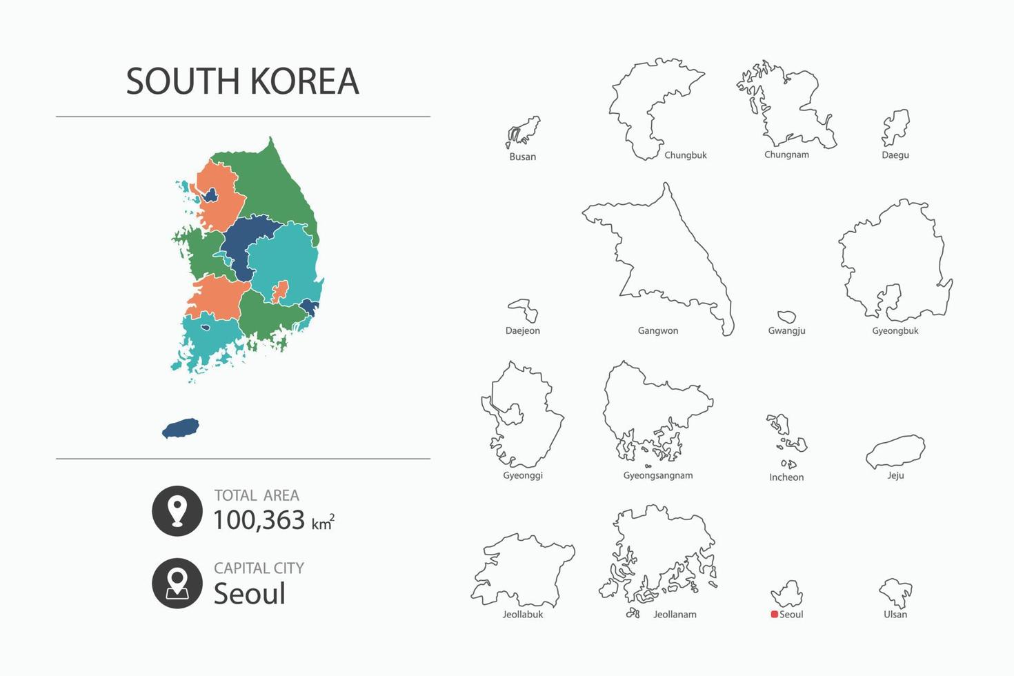 mapa da coreia do sul com mapa detalhado do país. elementos do mapa de cidades, áreas totais e capitais. vetor