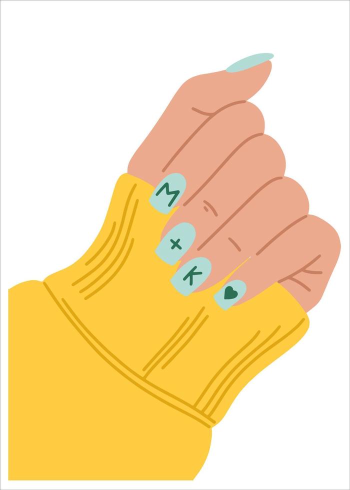 ilustração em vetor plana de uma mão feminina com uma manicure em um suéter. manicure de design divertido. ilustração de moda elegante para design de estilo de vida.