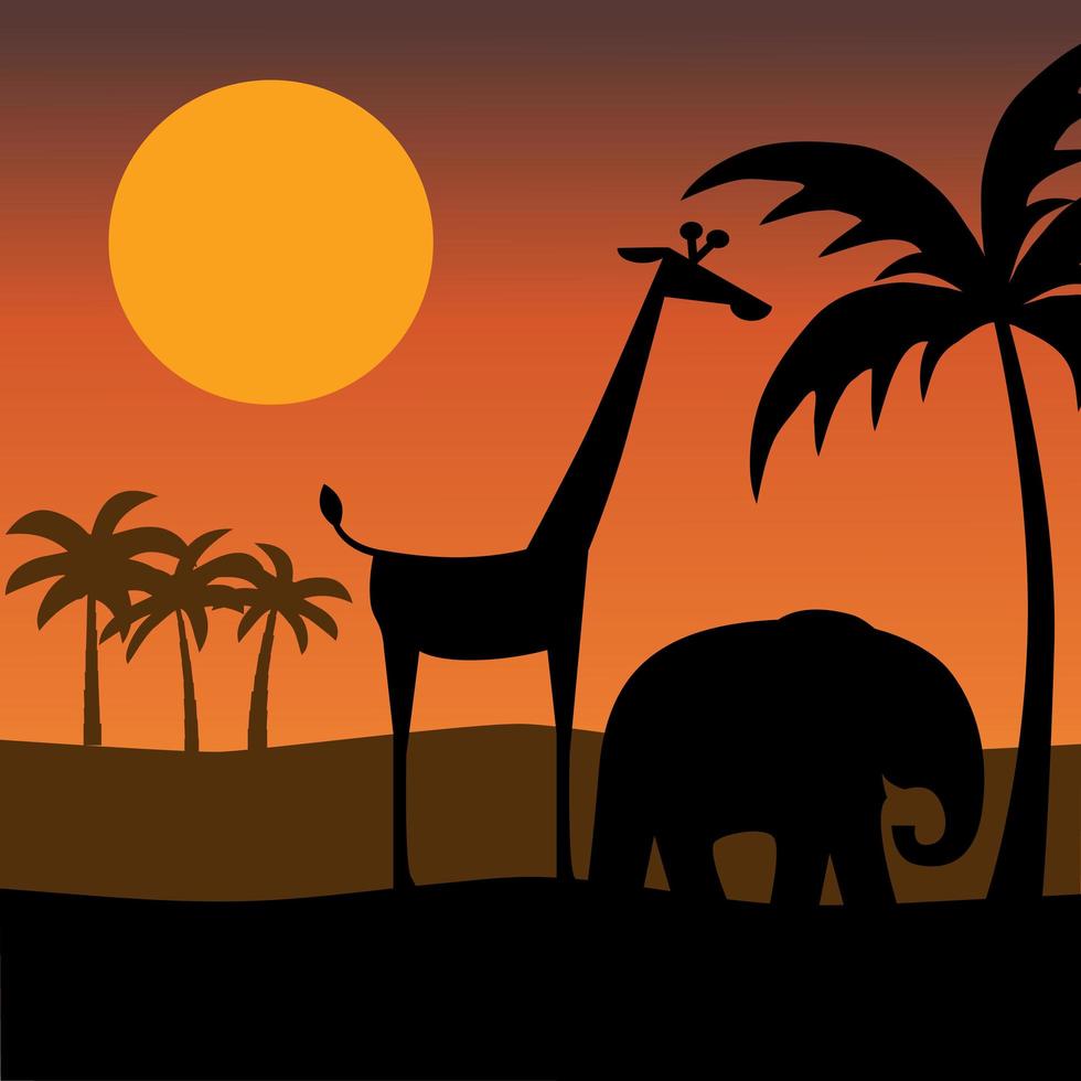 silhueta de elefante e girafa com pôr do sol vetor