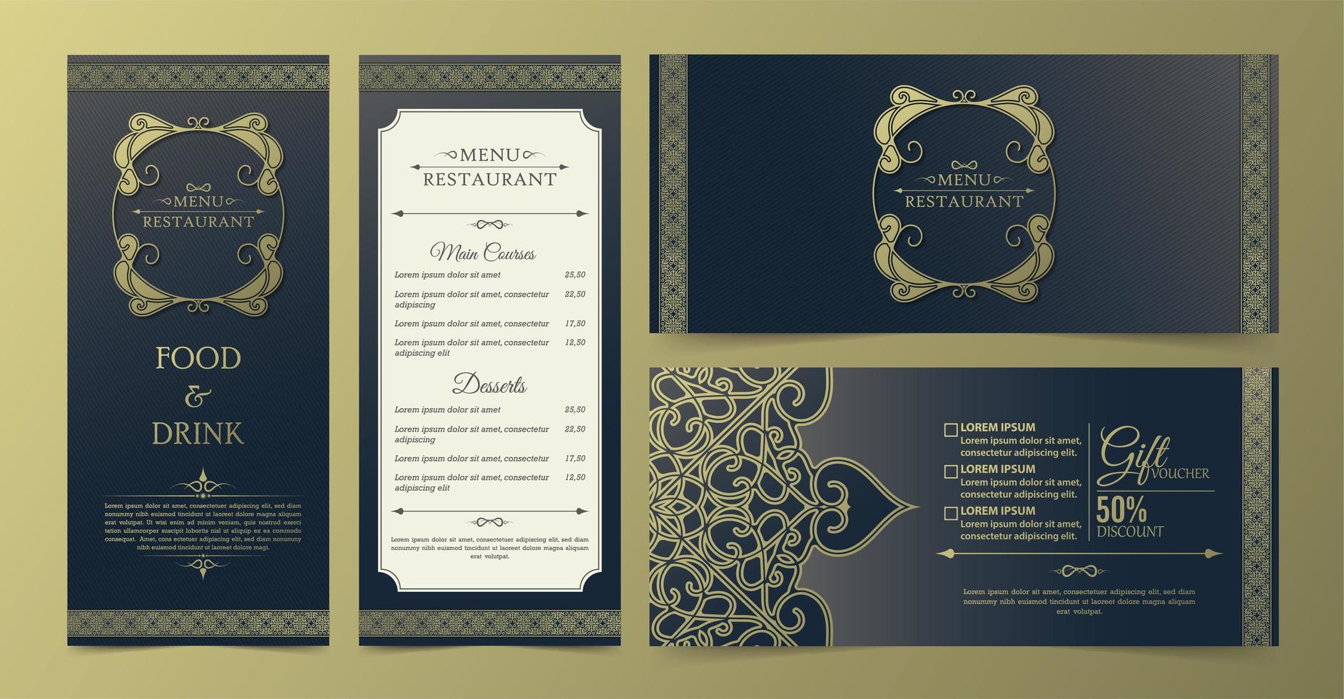 menu de restaurante ornamental azul e dourado e conjunto de vouchers vetor