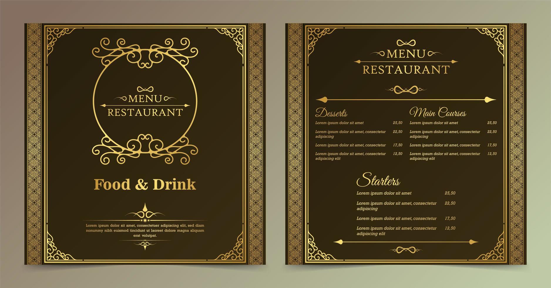 conjunto de menu quadrado ornamental de restaurante vetor