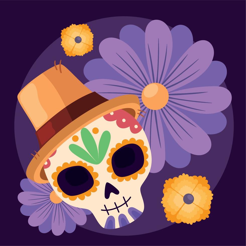 crânio dia de los muertos com chapéu vetor