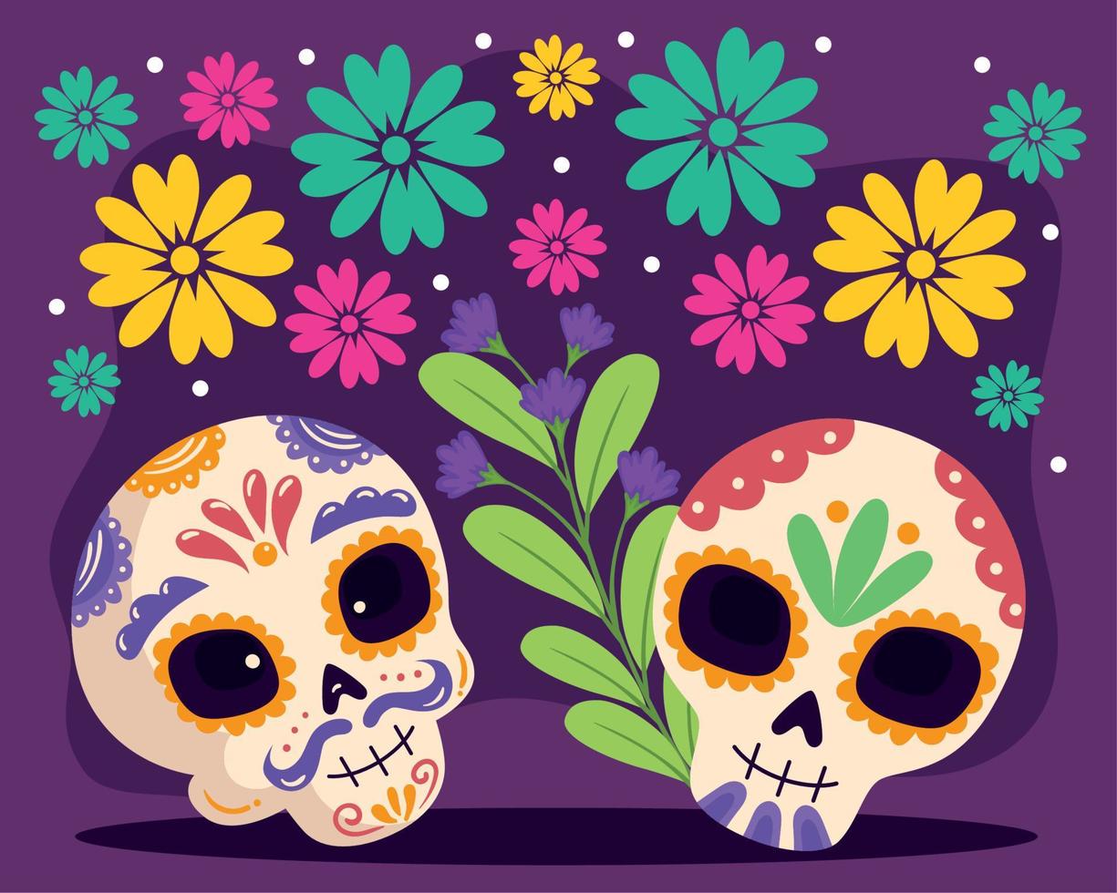 crânios dia de los muertos com padrão floral vetor