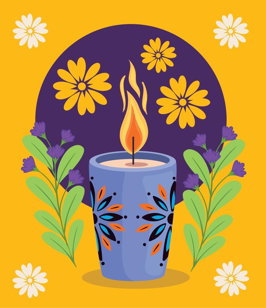 vela dia de los muertos com flores vetor