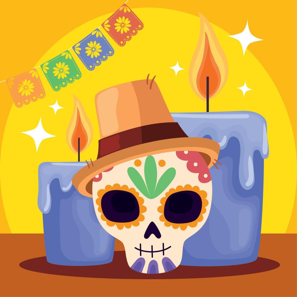 crânio dia de los muertos com velas vetor