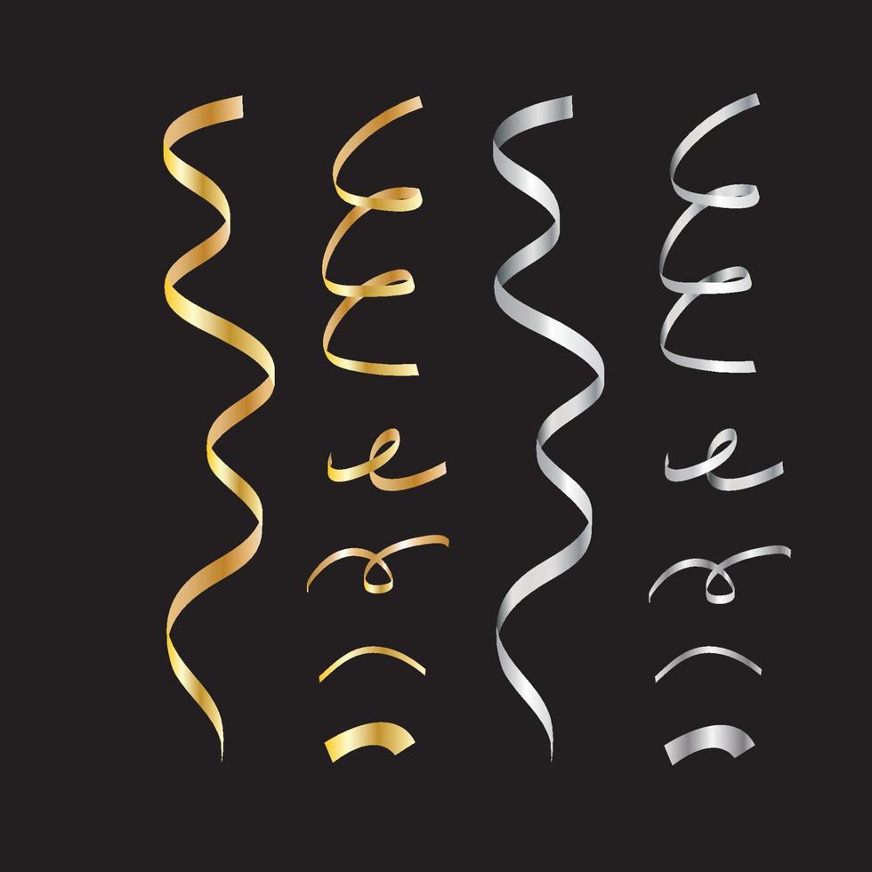 conjunto de serpentinas douradas e prateadas ou confetes isolados em fundo preto vetor