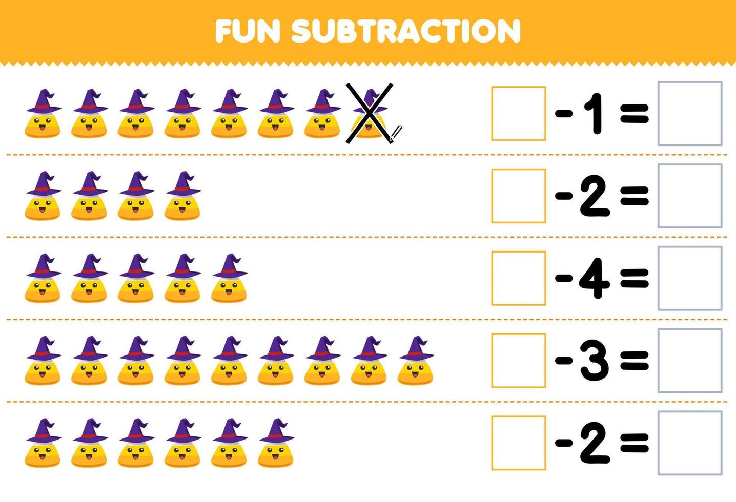 jogo de educação para crianças diversão subtração contando doces de milho amarelo de desenho bonito em cada linha e eliminando-o planilha de halloween imprimível vetor