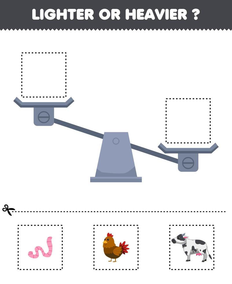 jogo de educação para crianças mais leves ou mais pesadas, corte as fotos abaixo e cole na caixa certa com planilha de fazenda para impressão de vaca de galinha de minhoca de desenho animado fofo vetor