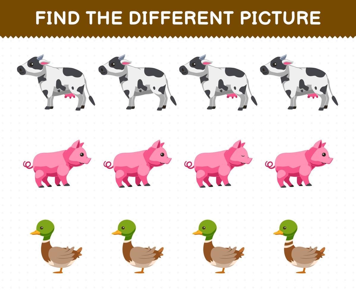 jogo de educação para crianças encontrar a imagem diferente em cada linha de planilha de fazenda imprimível de porco vaca porco bonito dos desenhos animados vetor