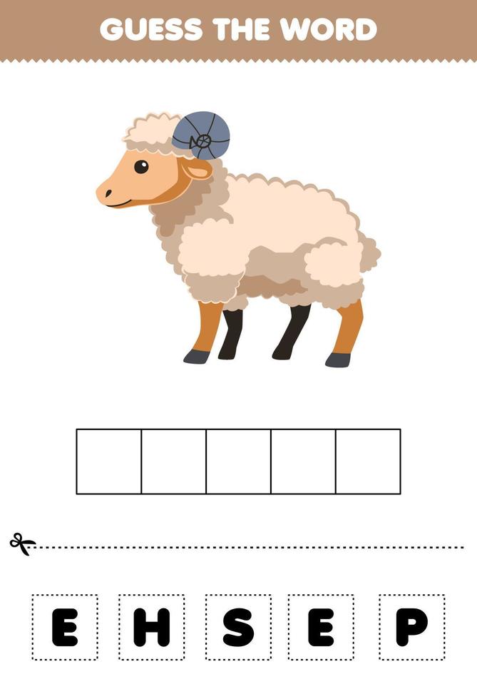 jogo de educação para crianças adivinhar as letras da palavra praticando de planilha de fazenda imprimível de ovelhas de desenho animado bonito vetor