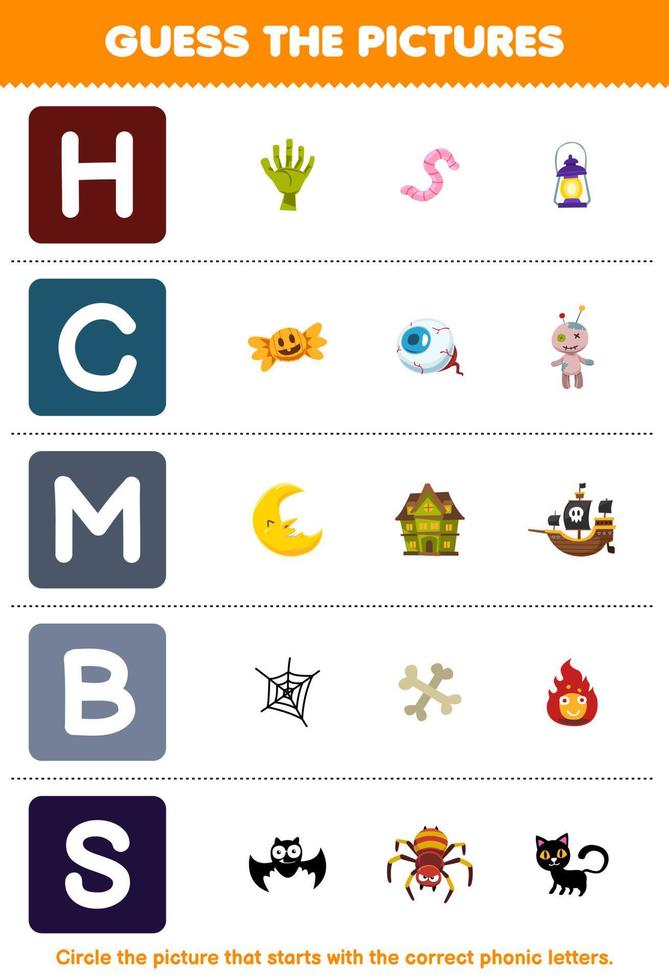 jogo de educação para crianças adivinhar a imagem correta para a palavra fônica que começa com a letra hcmb e s planilha de halloween imprimível vetor