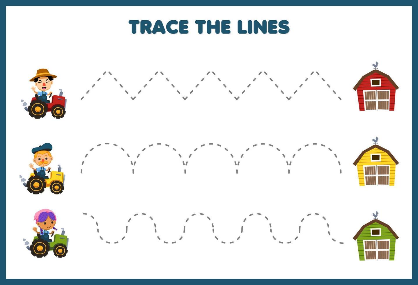 jogo educacional para prática de caligrafia infantil trace as linhas com trator de desenho animado fofo e planilha de fazenda imprimível de imagem de celeiro vetor