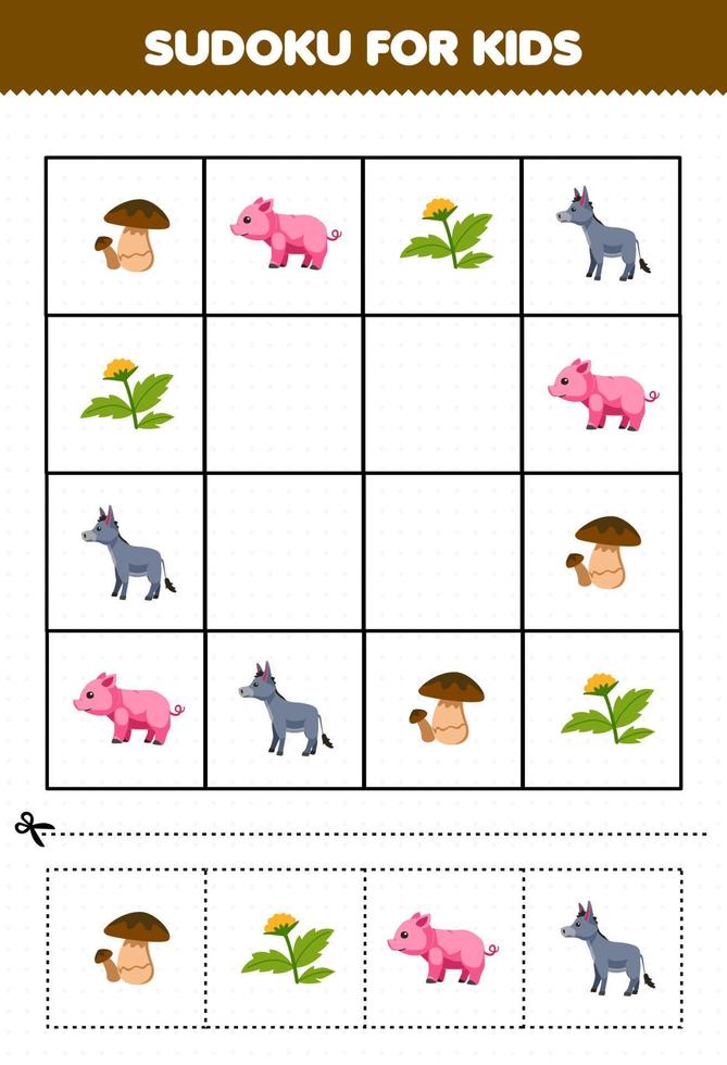 jogo de educação para crianças sudoku para crianças com folha de trabalho de fazenda para impressão de flor de cogumelo de burro de porco bonito dos desenhos animados vetor