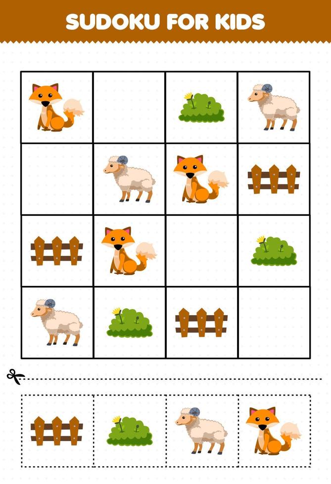 jogo de educação para crianças sudoku para crianças com planilha de fazenda imprimível bonito desenho animado raposa ovelha arbusto vetor