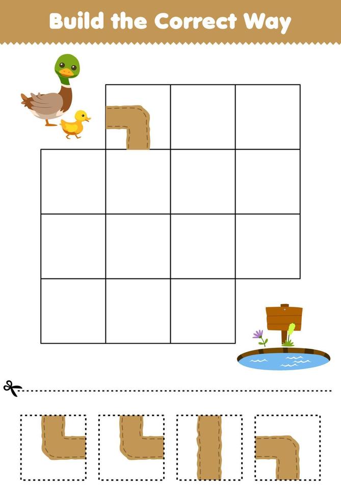 jogo de educação para crianças construir a maneira correta de ajudar o pato bonito dos desenhos animados a mover-se para a lagoa planilha de fazenda imprimível vetor