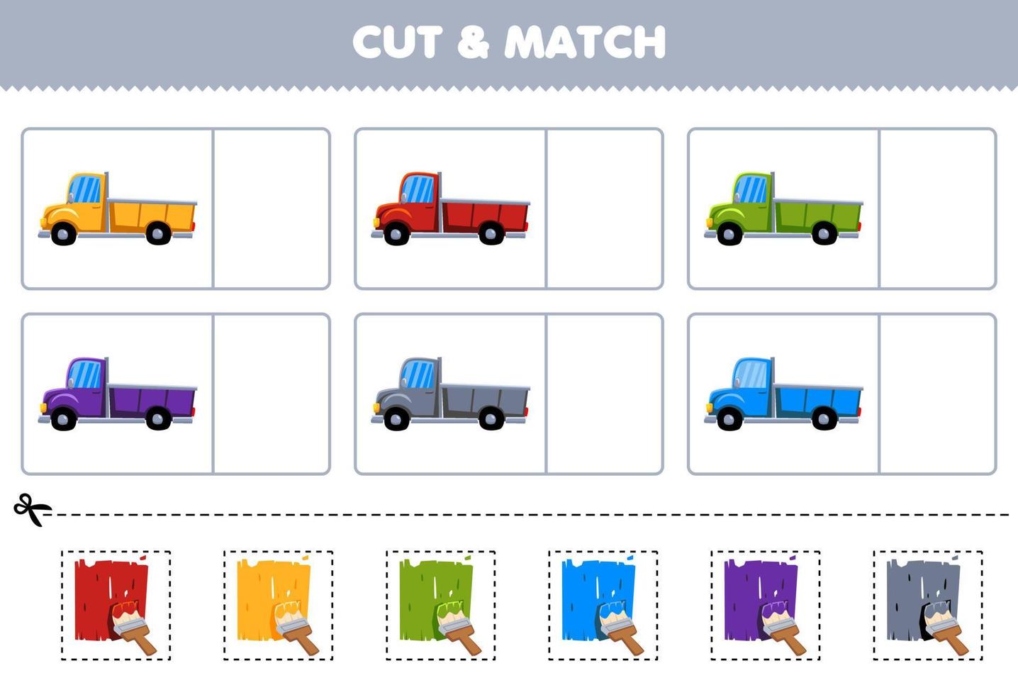 jogo de educação para crianças cortar e combinar a mesma cor da planilha de transporte para impressão de picape de desenho animado fofo vetor