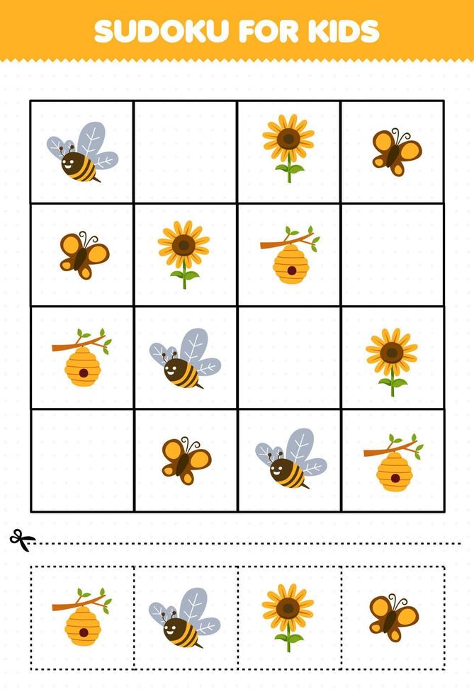 jogo de educação para crianças sudoku para crianças com folha de trabalho de fazenda imprimível bonito desenho animado abelha borboleta colmeia girassol vetor