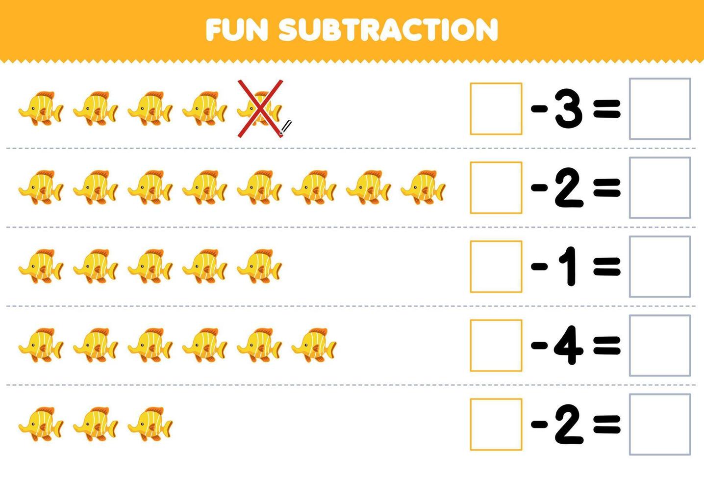 jogo de educação para crianças subtração divertida contando peixes amarelos de desenhos animados fofos em cada linha e eliminando-o planilha de animais imprimíveis vetor