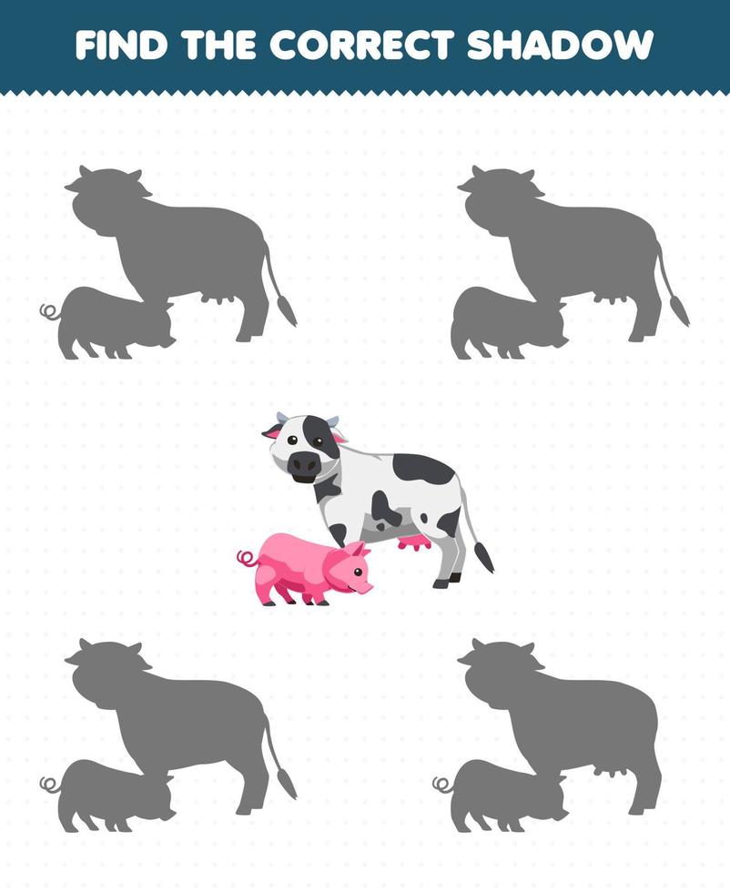 jogo de educação para crianças encontre o conjunto de sombras correto da planilha de fazenda para impressão de vaca e porco de desenho animado fofo vetor