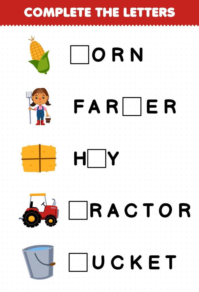 jogo de educação para crianças completa as cartas da planilha de fazenda para impressão de balde de feno de fazendeiro de milho bonito dos desenhos animados vetor