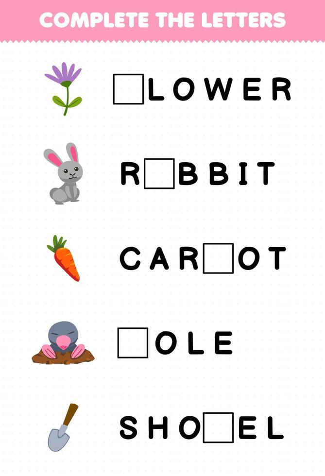 jogo de educação para crianças completar as letras da planilha de fazenda imprimível para impressão de flor coelho cenoura cenoura vetor