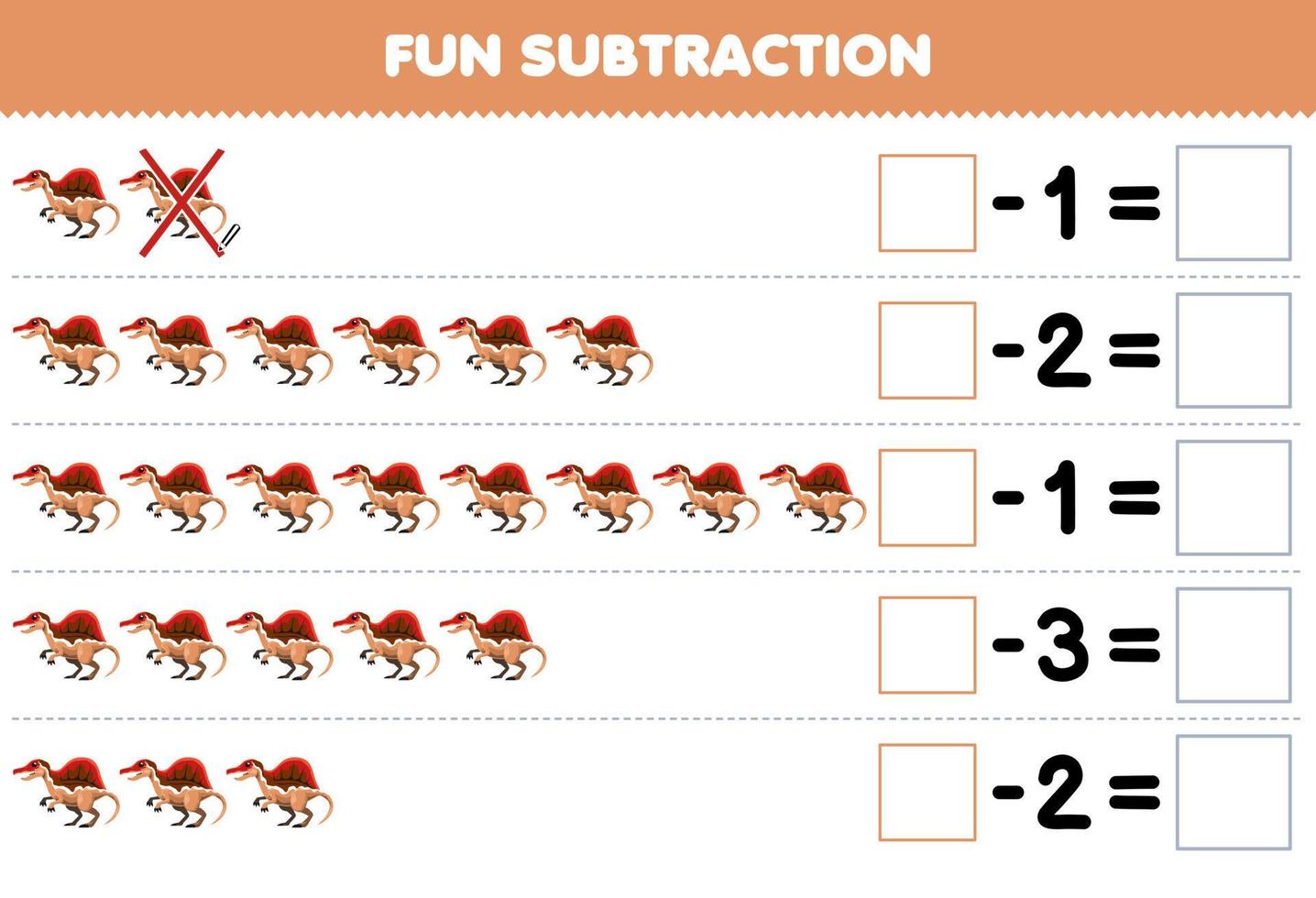 jogo de educação para crianças diversão subtração contando bonito desenho animado spinosaurus em cada linha e eliminando-o planilha de dinossauro pré-histórico imprimível vetor