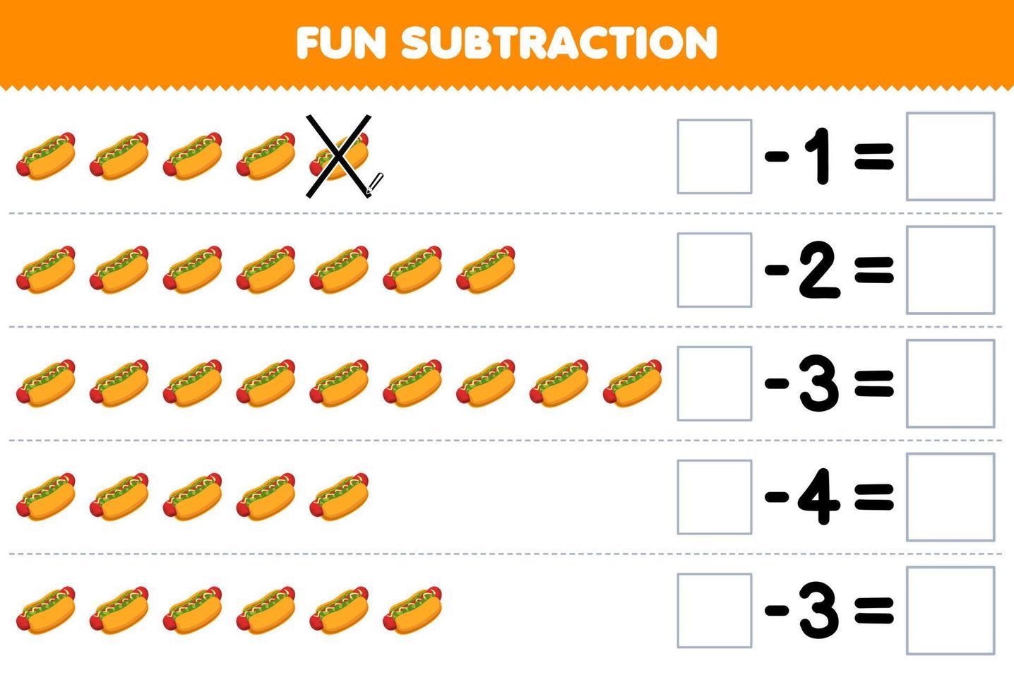 jogo educativo para crianças subtração divertida contando cachorro-quente de desenho animado em cada linha e eliminando-o planilha de comida imprimível vetor