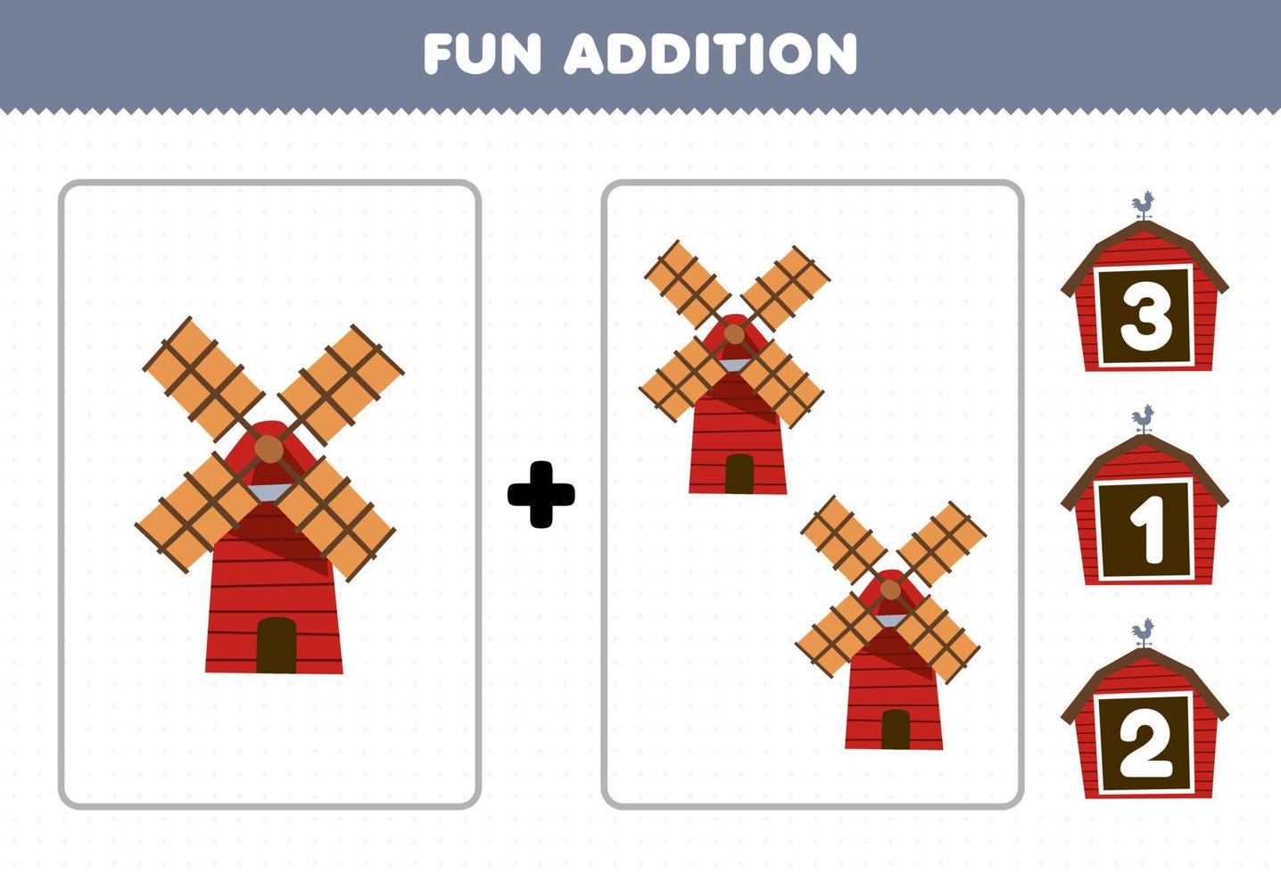 jogo de educação para crianças adição divertida por contagem e escolha a resposta correta da planilha de fazenda para impressão de moinho de vento bonito dos desenhos animados vetor
