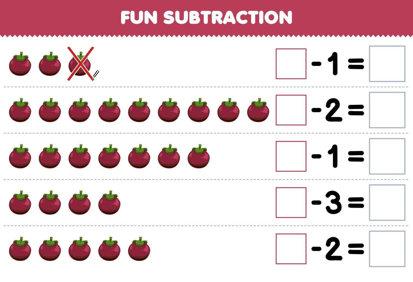 jogo educativo para crianças subtração divertida contando mangostão de desenho animado em cada linha e eliminando-o planilha de frutas imprimível vetor