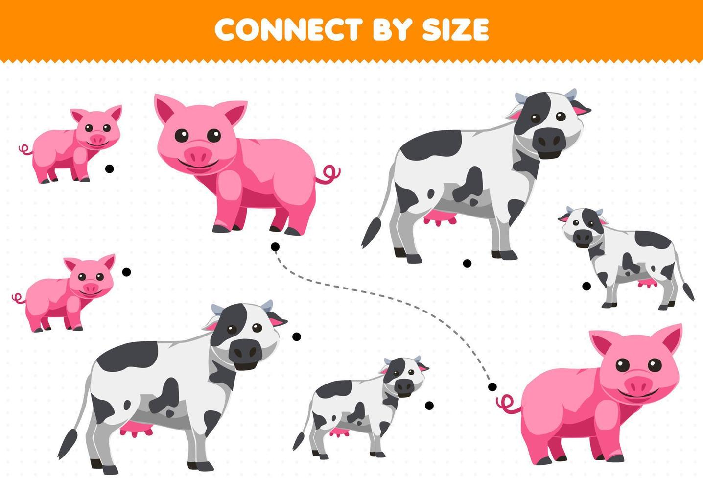 jogo educativo para crianças conectar-se pelo tamanho da planilha de fazenda imprimível de porco e vaca de desenho animado fofo vetor