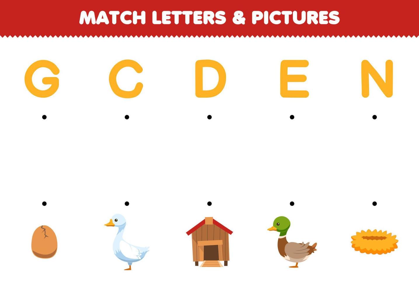 jogo de educação para crianças combinar letras e fotos de planilha de fazenda imprimível de ovo de ganso galinheiro de desenho animado fofo vetor