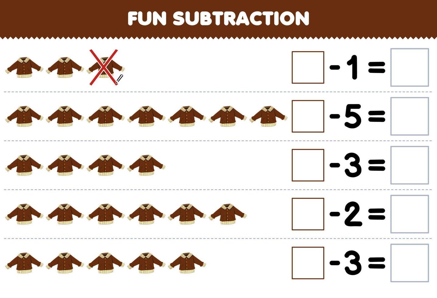 jogo de educação para crianças diversão subtração contando a jaqueta marrom dos desenhos animados em cada linha e eliminando-a planilha de roupas vestíveis imprimíveis vetor